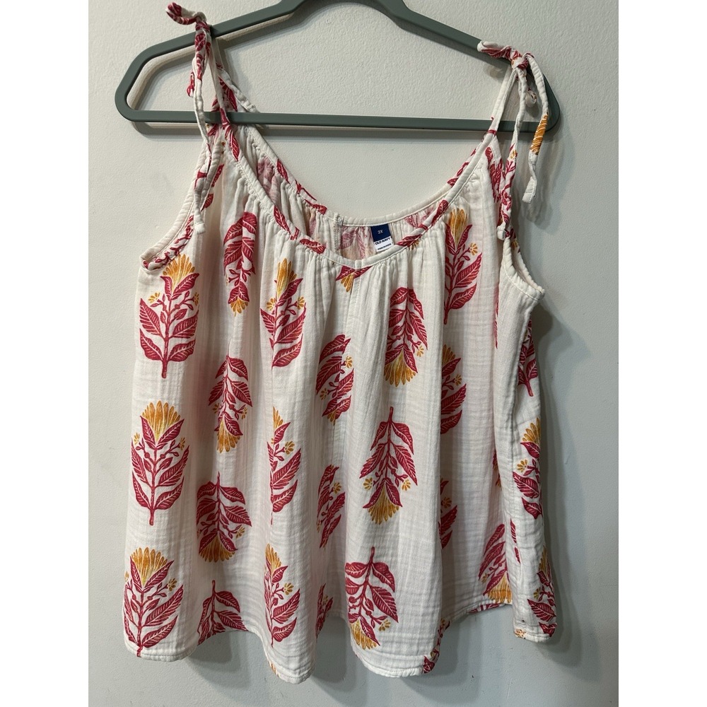 Old Navy 2X Tank Top Women Cotton Gauze Tie Shoulder Cami Red Yellow Print Plus